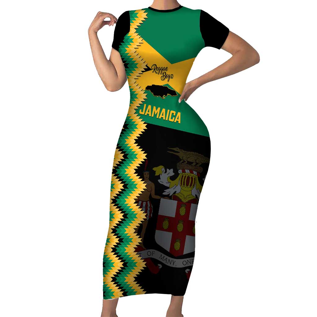 Custom Jamaica Football Short Sleeve Bodycon Dress Go Reggae Boyz - Wonder Print Shop