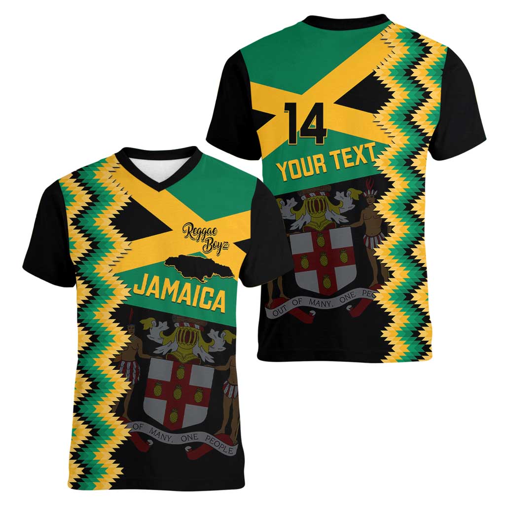 Custom Jamaica Football Women V-Neck T-Shirt Go Reggae Boyz - Wonder Print Shop