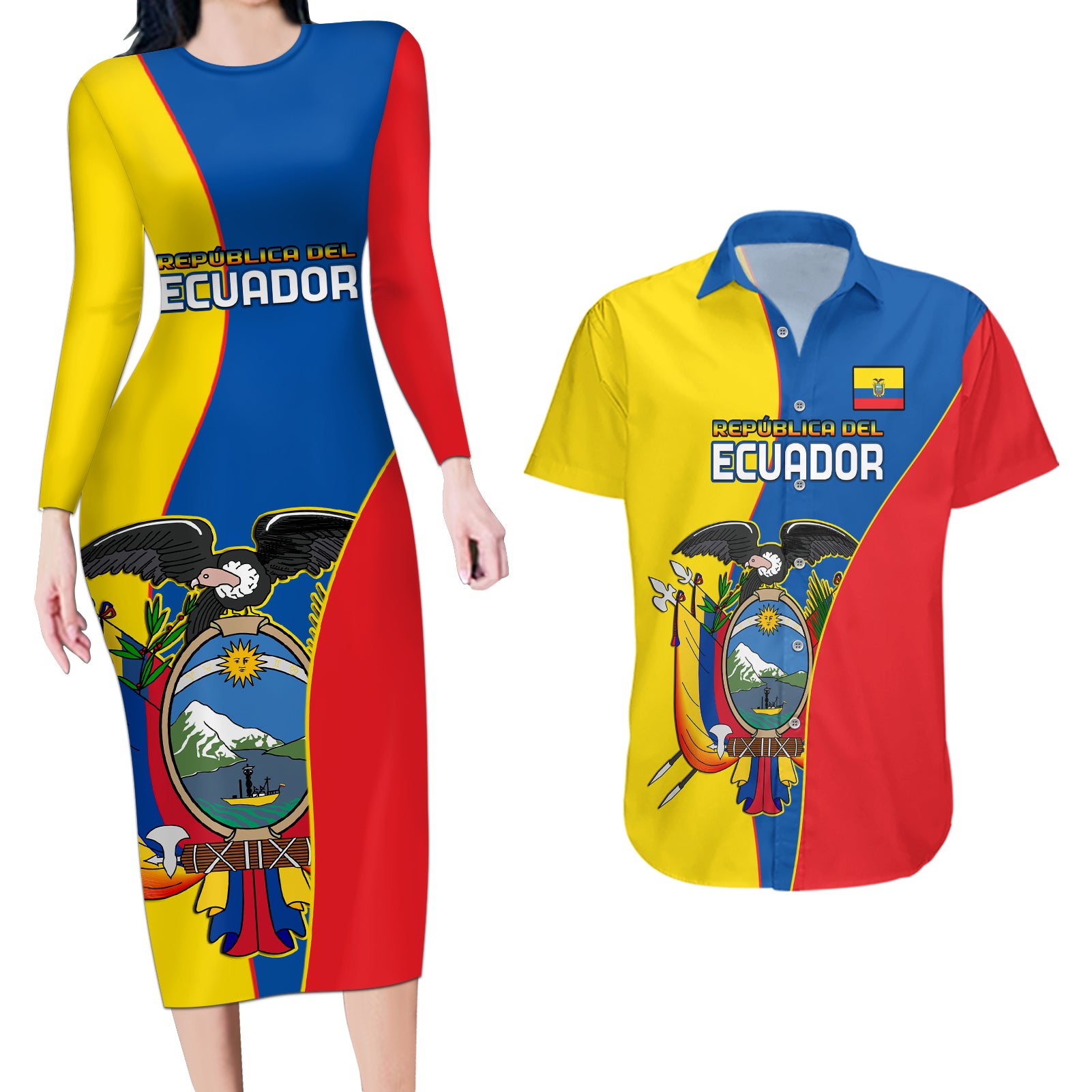 Ecuador Couples Matching Long Sleeve Bodycon Dress and Hawaiian Shirt Ecuadorian Independence Day 10 August Proud - Wonder Print Shop