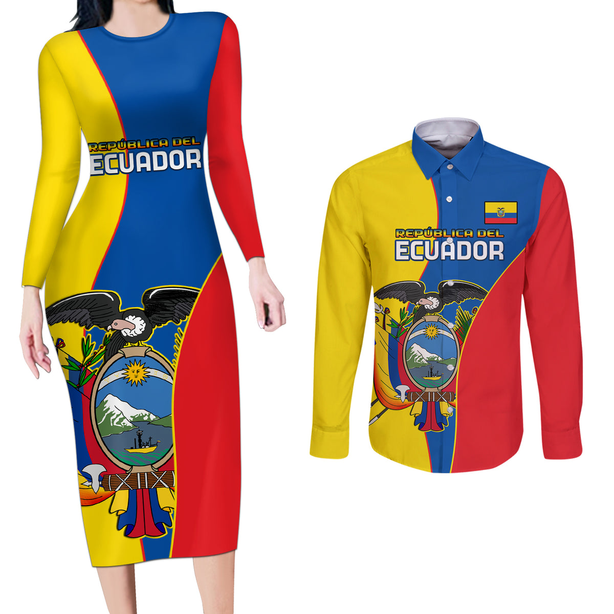 Ecuador Couples Matching Long Sleeve Bodycon Dress and Long Sleeve Button Shirts Ecuadorian Independence Day 10 August Proud - Wonder Print Shop