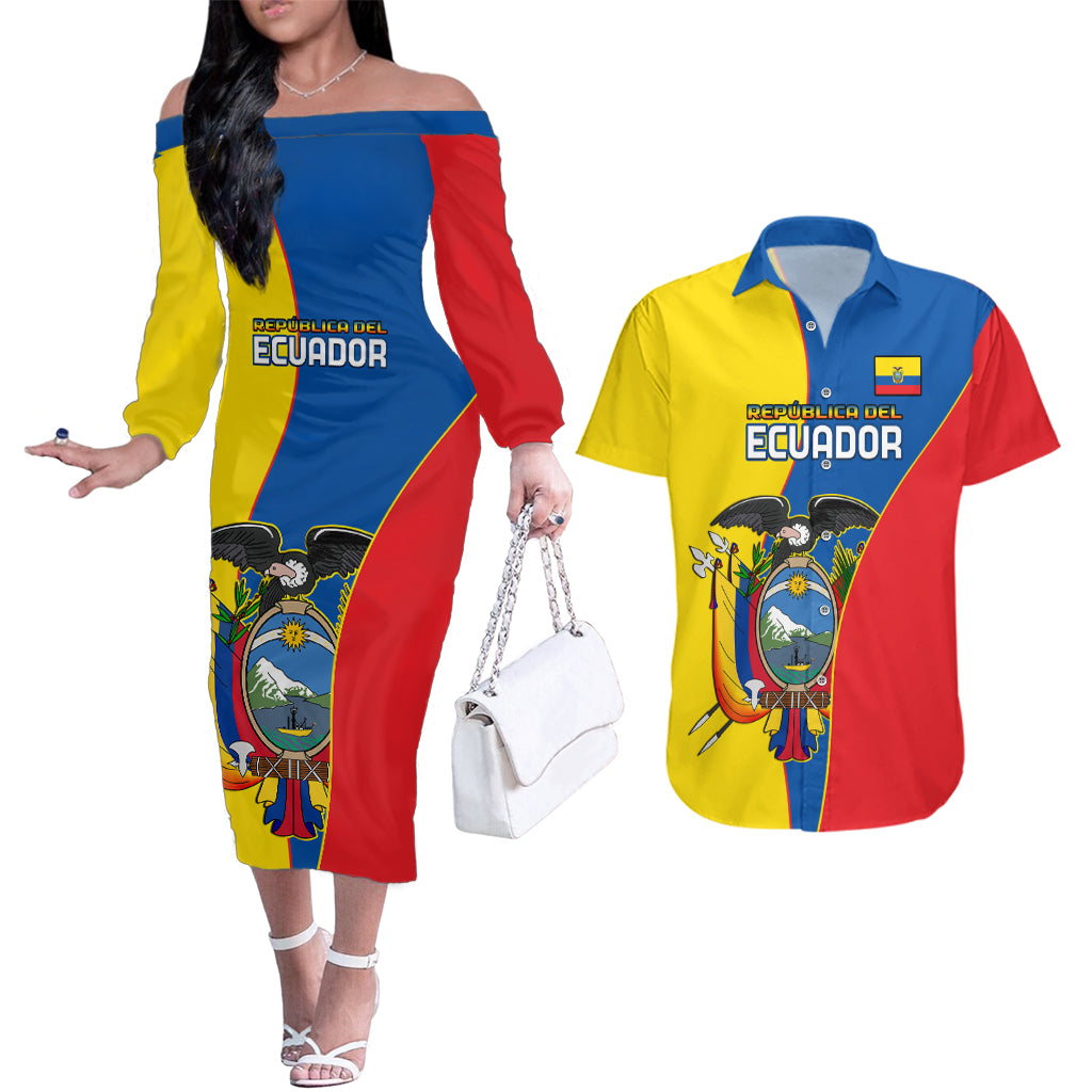 Ecuador Couples Matching Off The Shoulder Long Sleeve Dress and Hawaiian Shirt Ecuadorian Independence Day 10 August Proud - Wonder Print Shop