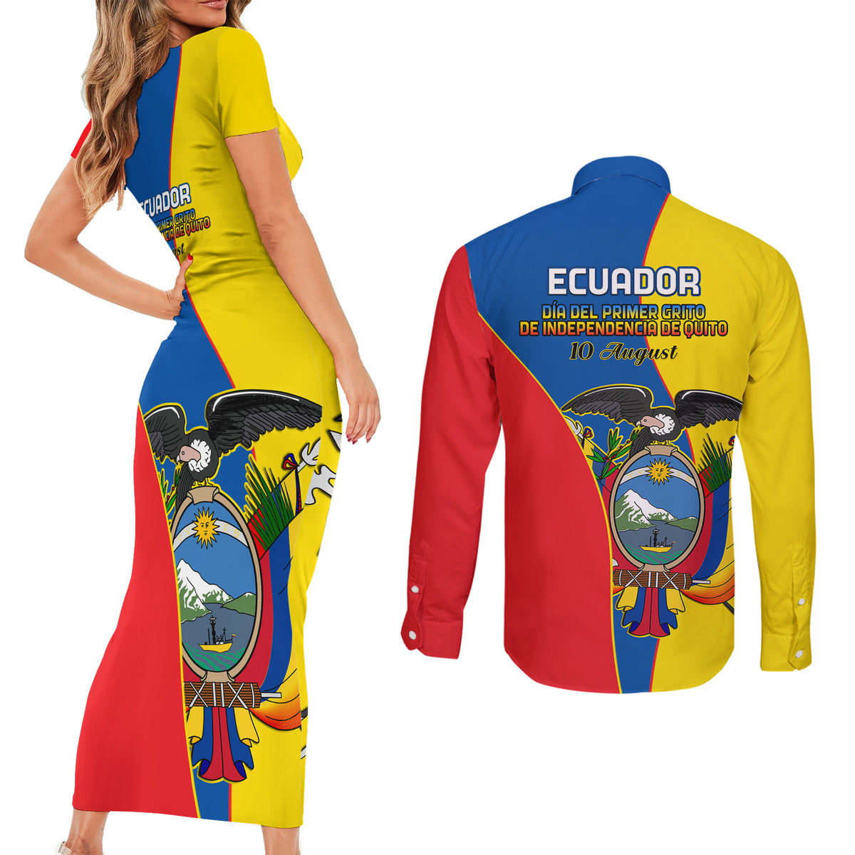 Ecuador Couples Matching Short Sleeve Bodycon Dress and Long Sleeve Button Shirts Ecuadorian Independence Day 10 August Proud - Wonder Print Shop