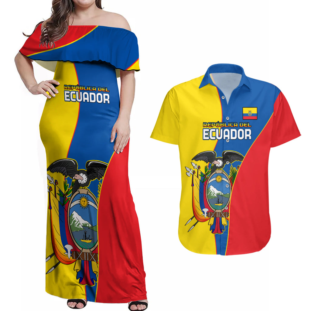 Custom Ecuador Couples Matching Off Shoulder Maxi Dress and Hawaiian Shirt Ecuadorian Independence Day 10 August Proud - Wonder Print Shop