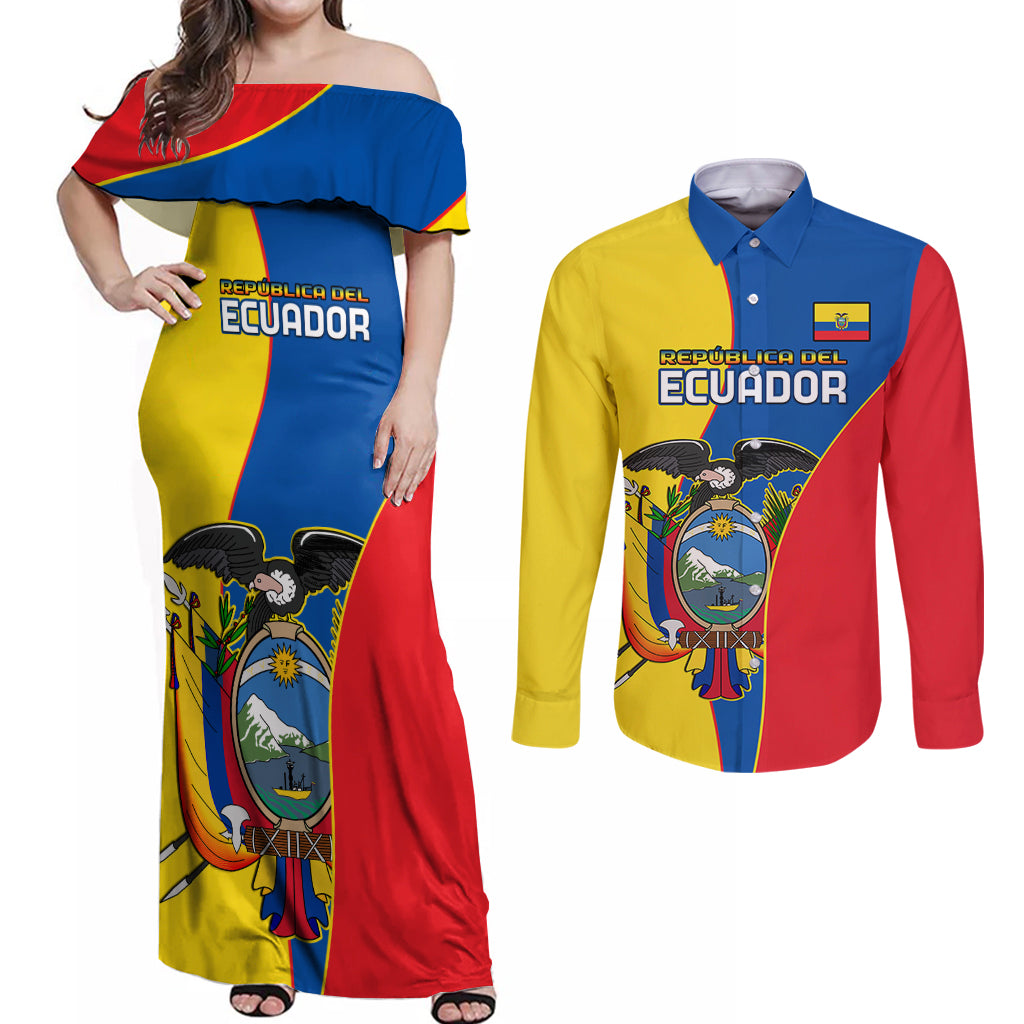 Custom Ecuador Couples Matching Off Shoulder Maxi Dress and Long Sleeve Button Shirts Ecuadorian Independence Day 10 August Proud - Wonder Print Shop