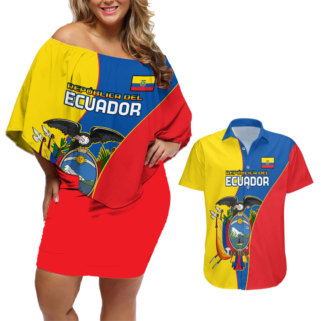 Custom Ecuador Couples Matching Off Shoulder Short Dress and Hawaiian Shirt Ecuadorian Independence Day 10 August Proud - Wonder Print Shop