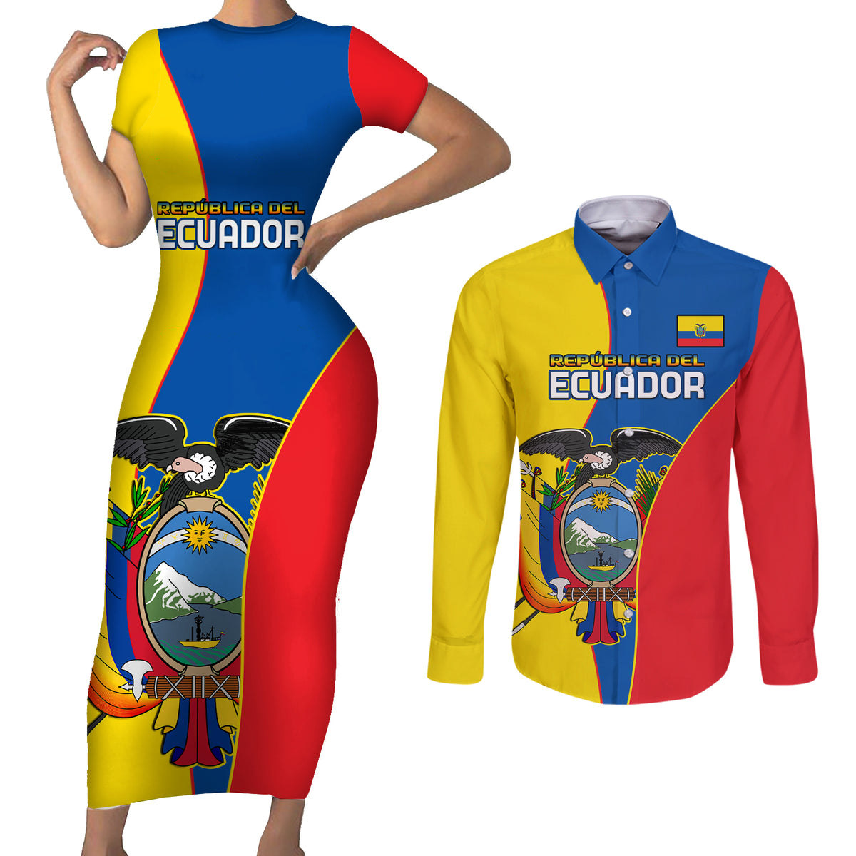 Custom Ecuador Couples Matching Short Sleeve Bodycon Dress and Long Sleeve Button Shirts Ecuadorian Independence Day 10 August Proud - Wonder Print Shop