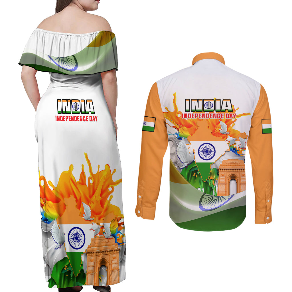 India Couples Matching Off Shoulder Maxi Dress and Long Sleeve Button Shirts Swatantra Diwas Happy Indian Independence Day - Wonder Print Shop