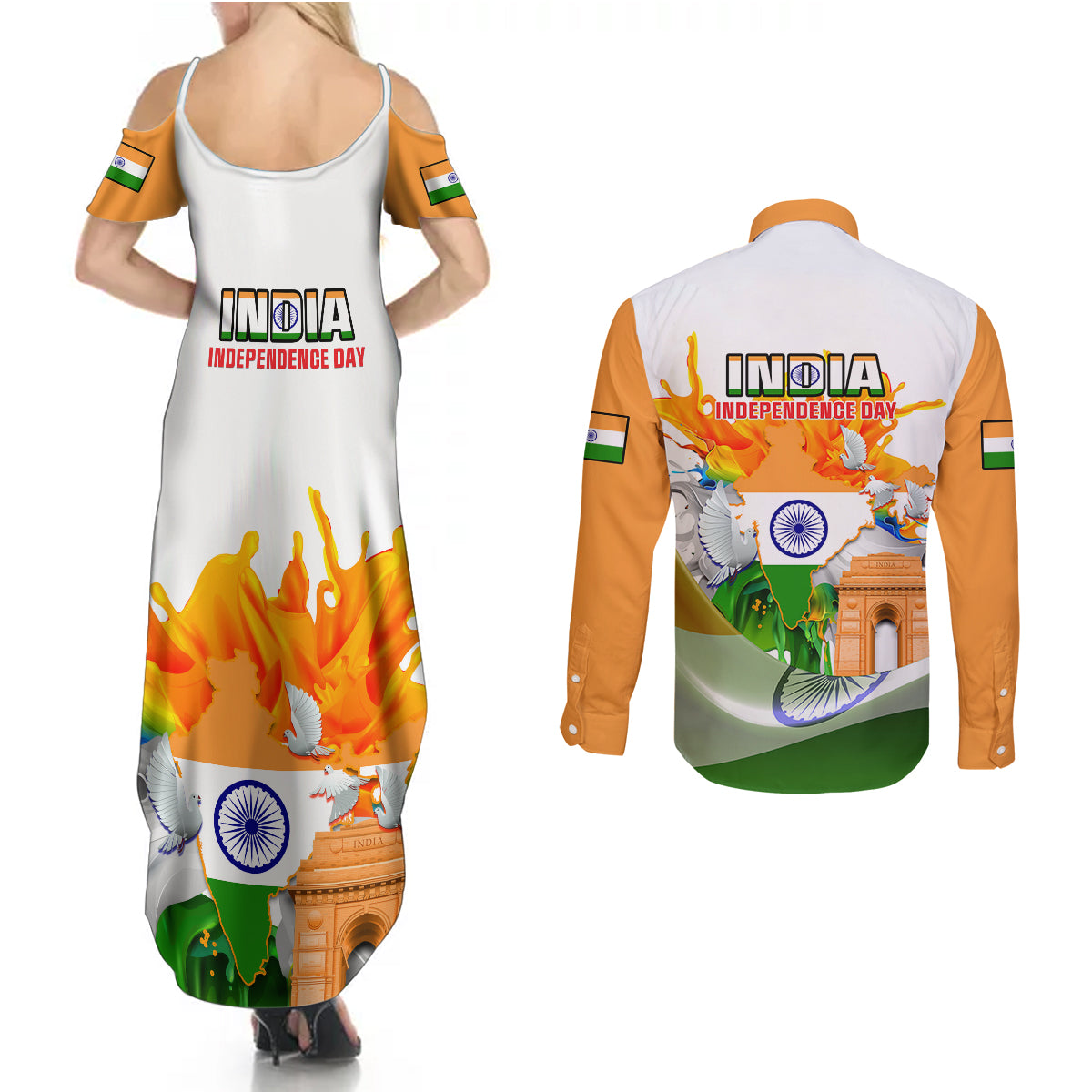 India Couples Matching Summer Maxi Dress and Long Sleeve Button Shirts Swatantra Diwas Happy Indian Independence Day - Wonder Print Shop
