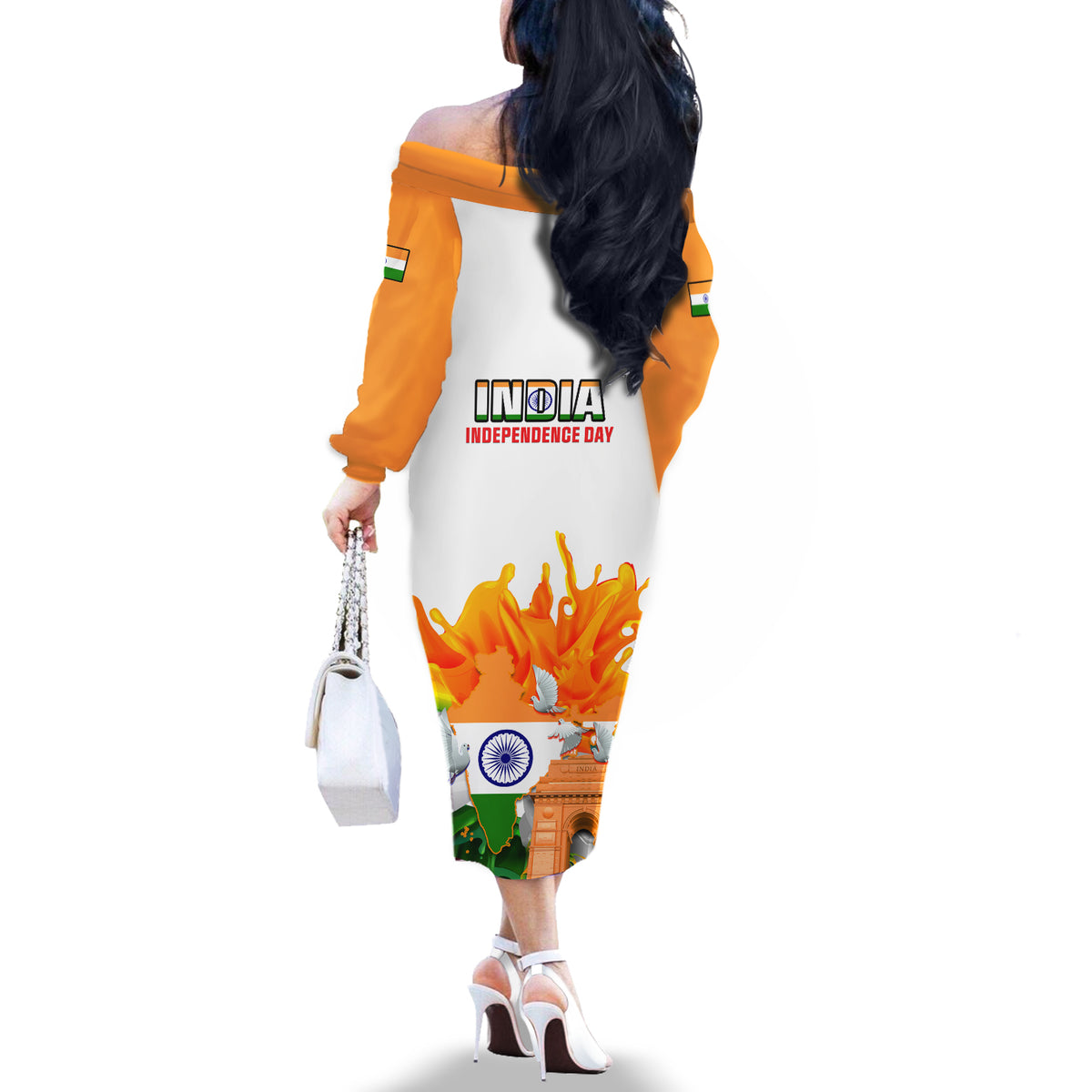 India Off The Shoulder Long Sleeve Dress Swatantra Diwas Happy Indian Independence Day - Wonder Print Shop