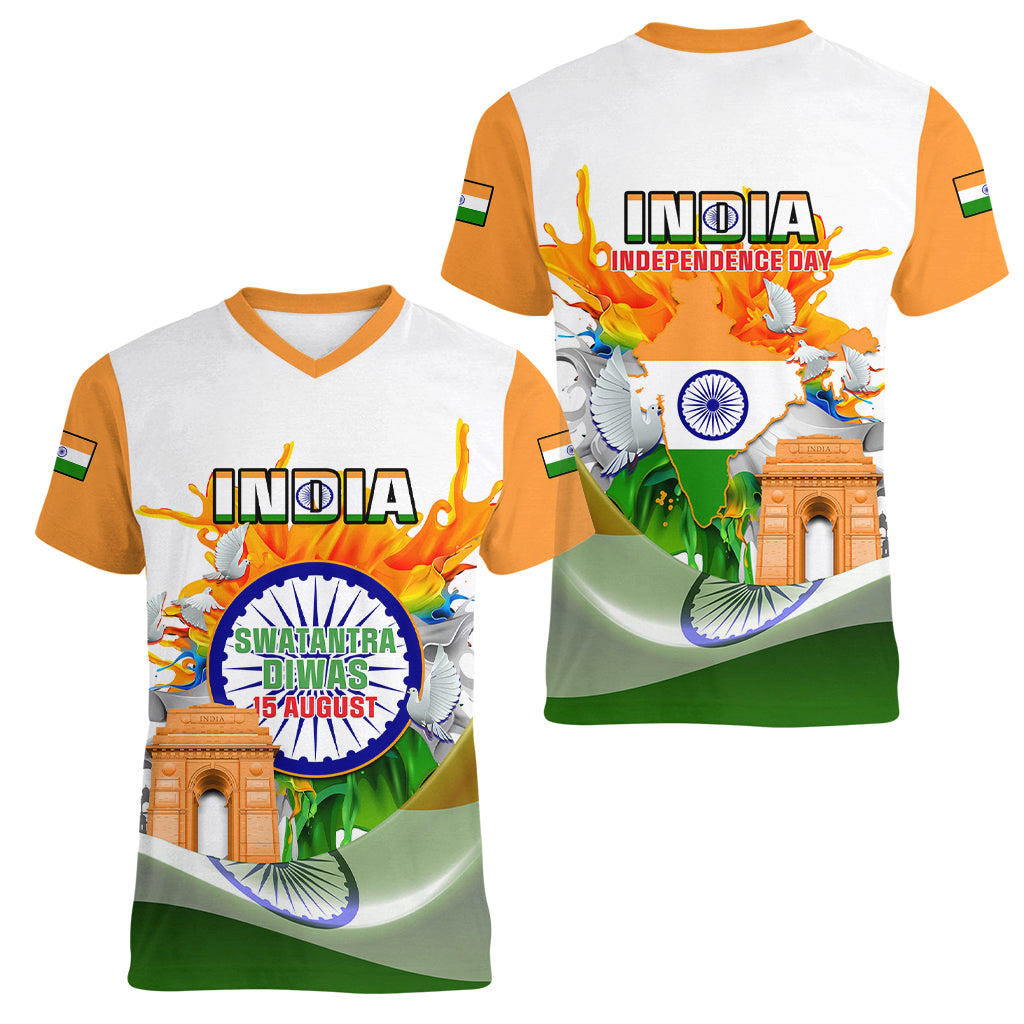 India Women V Neck T Shirt Swatantra Diwas Happy Indian Independence Day - Wonder Print Shop