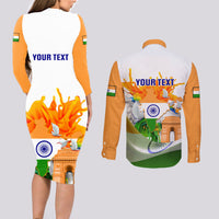 Custom India Couples Matching Long Sleeve Bodycon Dress and Long Sleeve Button Shirts Swatantra Diwas Happy Indian Independence Day - Wonder Print Shop