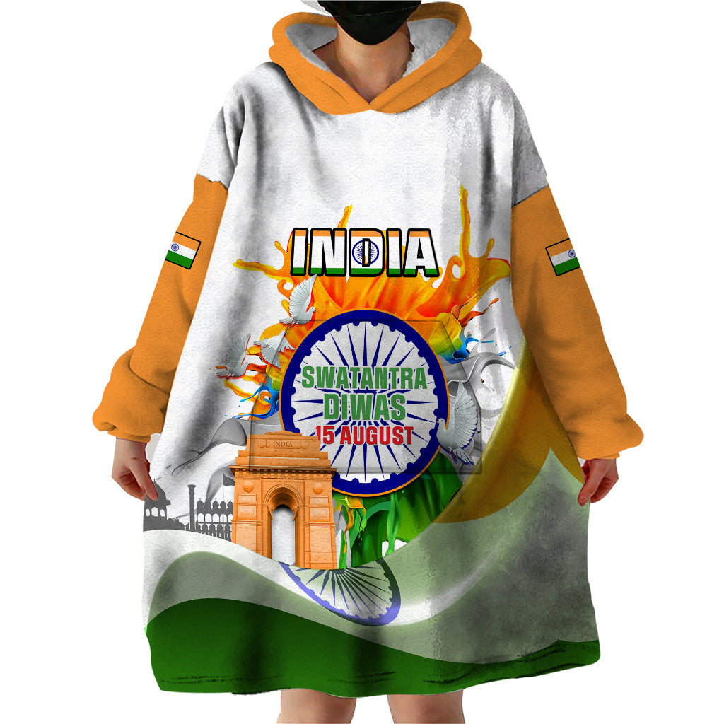 Custom India Wearable Blanket Hoodie Swatantra Diwas Happy Indian Independence Day - Wonder Print Shop
