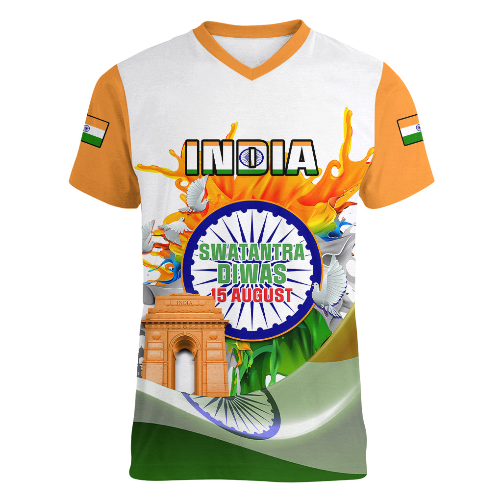 Custom India Women V Neck T Shirt Swatantra Diwas Happy Indian Independence Day - Wonder Print Shop