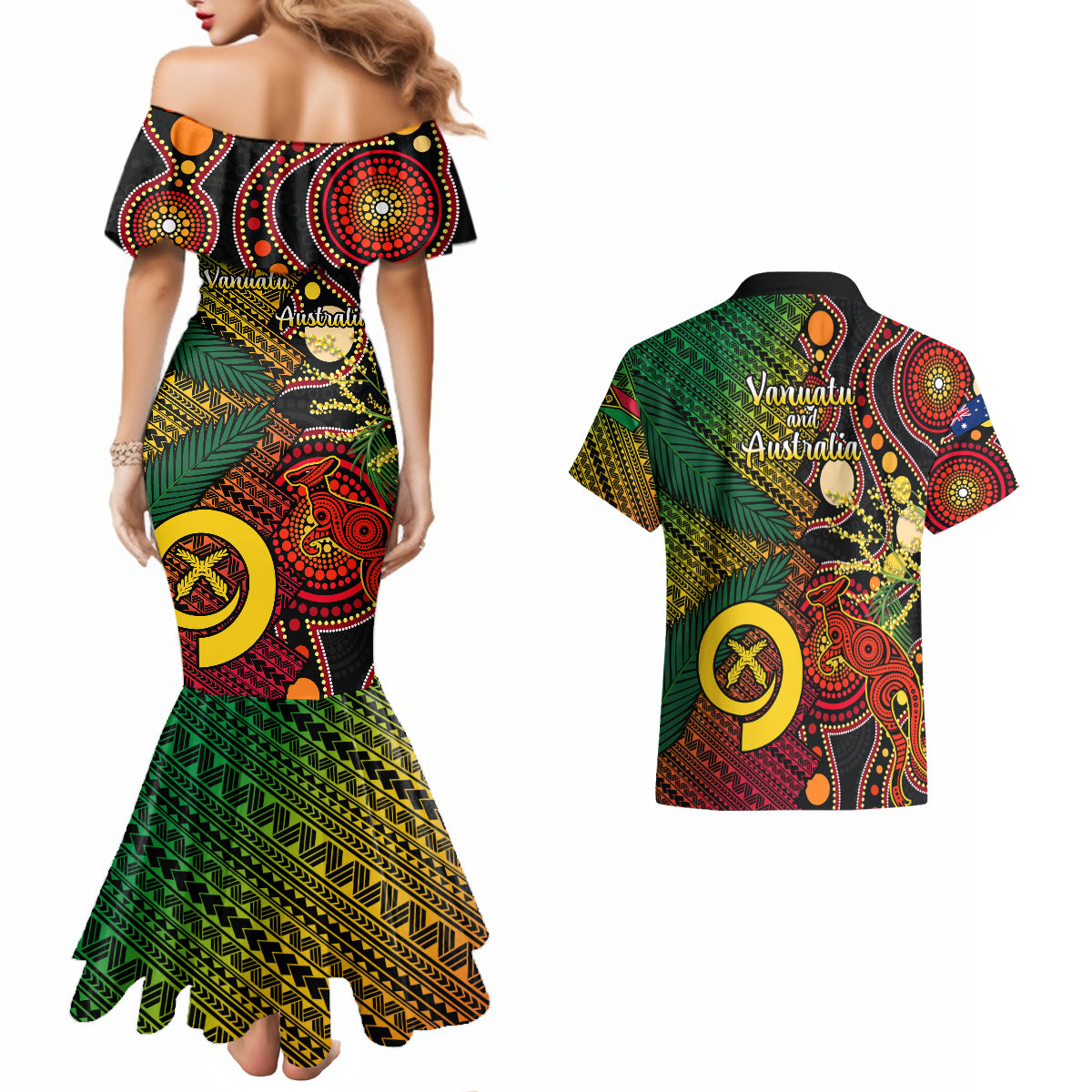 Vanuatu and Australia Couples Matching Mermaid Dress And Hawaiian Shirt Vanuatuan Polynesian Mix Aussie Aboriginal Art - Wonder Print Shop