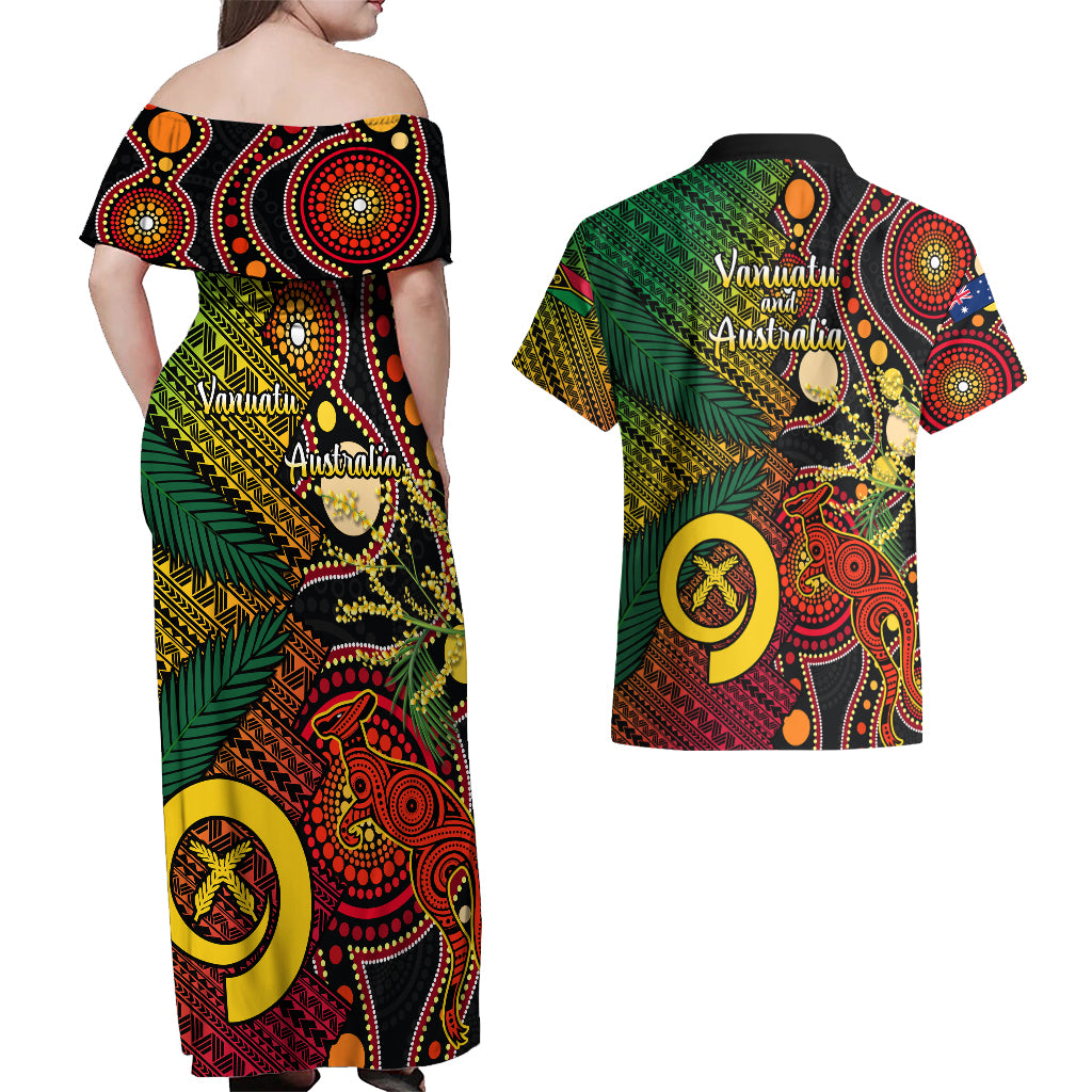 Vanuatu and Australia Couples Matching Off Shoulder Maxi Dress and Hawaiian Shirt Vanuatuan Polynesian Mix Aussie Aboriginal Art - Wonder Print Shop