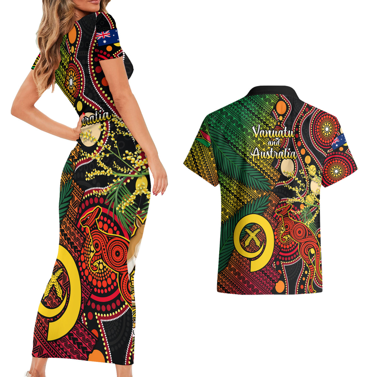 Vanuatu and Australia Couples Matching Short Sleeve Bodycon Dress and Hawaiian Shirt Vanuatuan Polynesian Mix Aussie Aboriginal Art - Wonder Print Shop