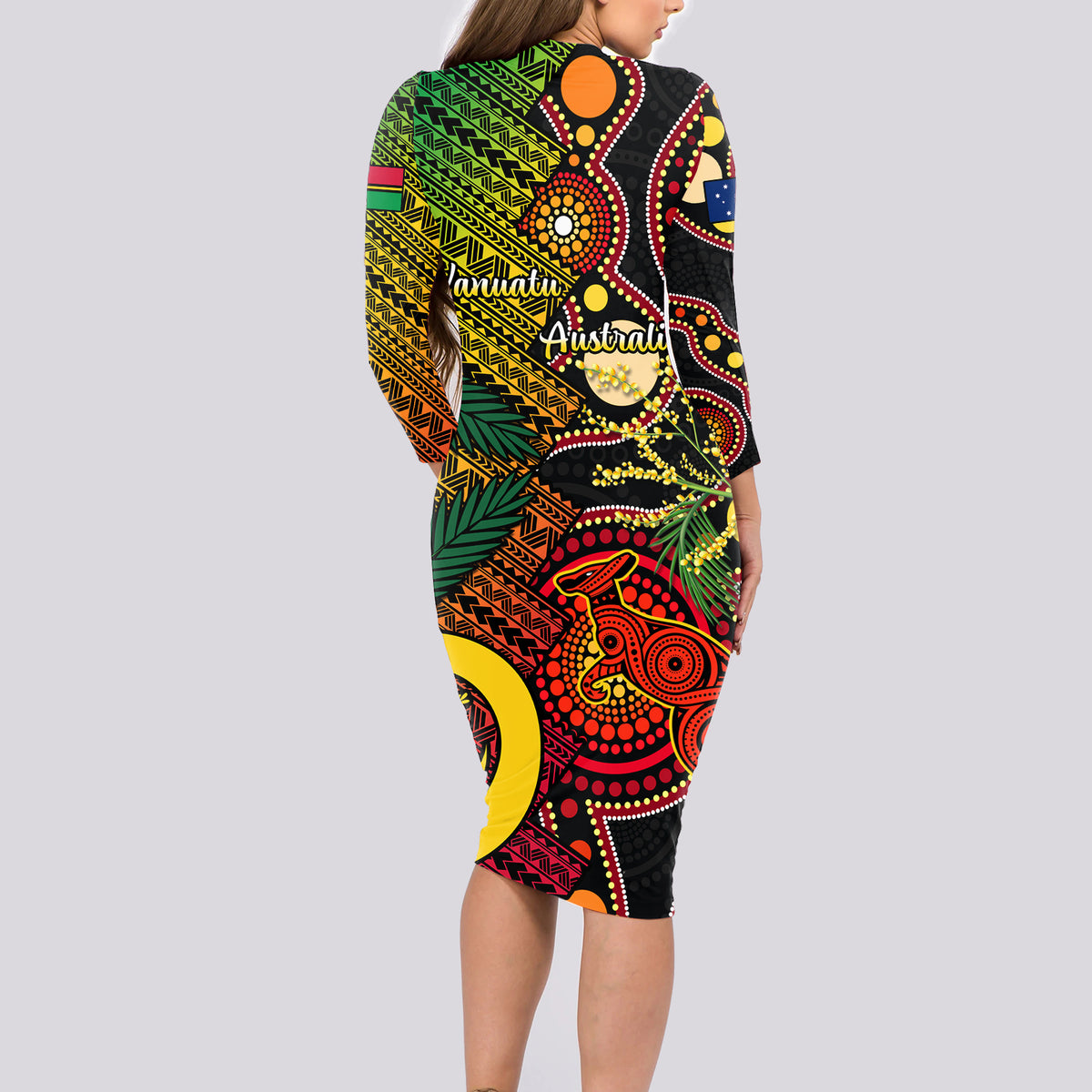 Vanuatu and Australia Long Sleeve Bodycon Dress Vanuatuan Polynesian Mix Aussie Aboriginal Art - Wonder Print Shop