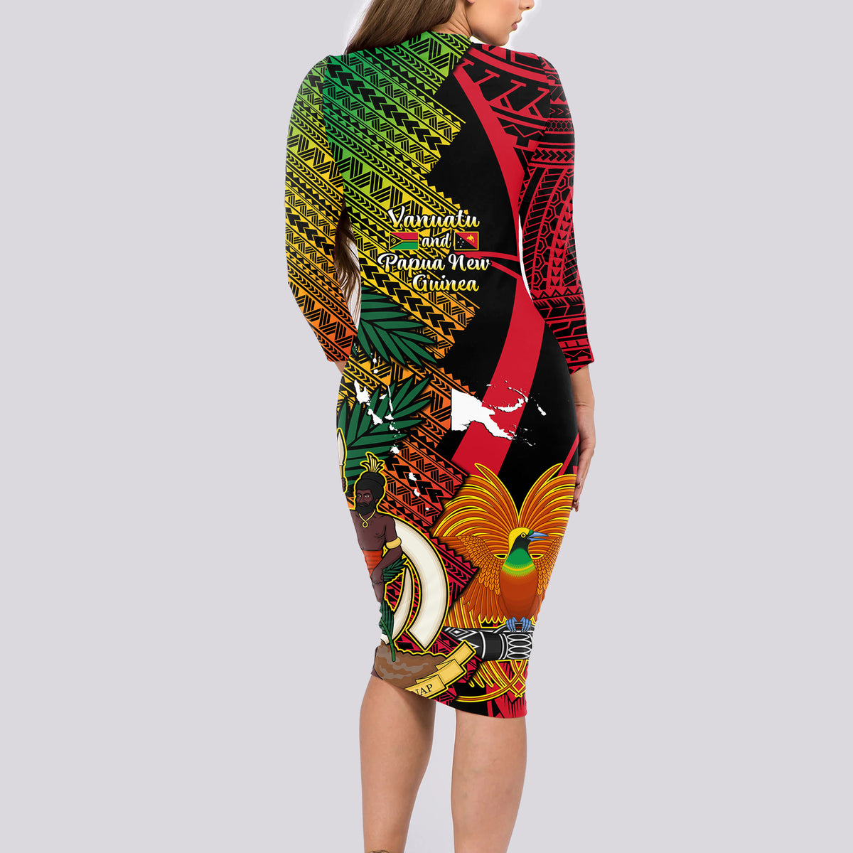 Vanuatu and Papua New Guinea Long Sleeve Bodycon Dress Vanuatuan With PNG Polynesian Pattern - Wonder Print Shop