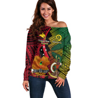 Vanuatu and Papua New Guinea Off Shoulder Sweater Vanuatuan With PNG Polynesian Pattern - Wonder Print Shop