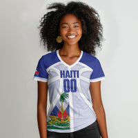 Haiti Basketball Custom Women V-Neck T-Shirt Ayiti Coat Of Arms White Sporty Style