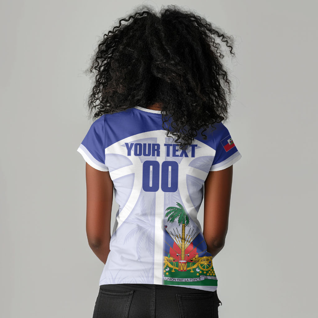 Haiti Basketball Custom Women V-Neck T-Shirt Ayiti Coat Of Arms White Sporty Style