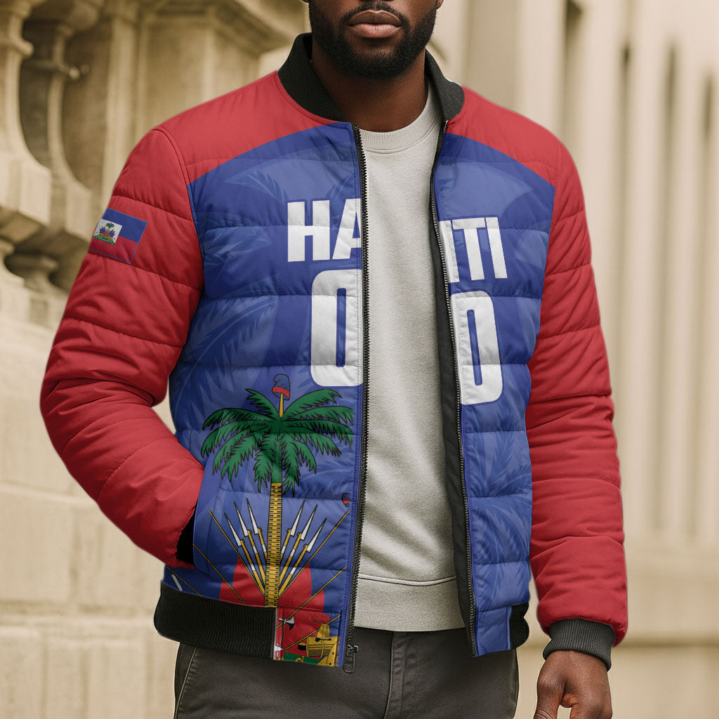 Haiti Basketball Custom Bomber Puffer Jacket Ayiti Coat Of Arms Blue Sporty Style