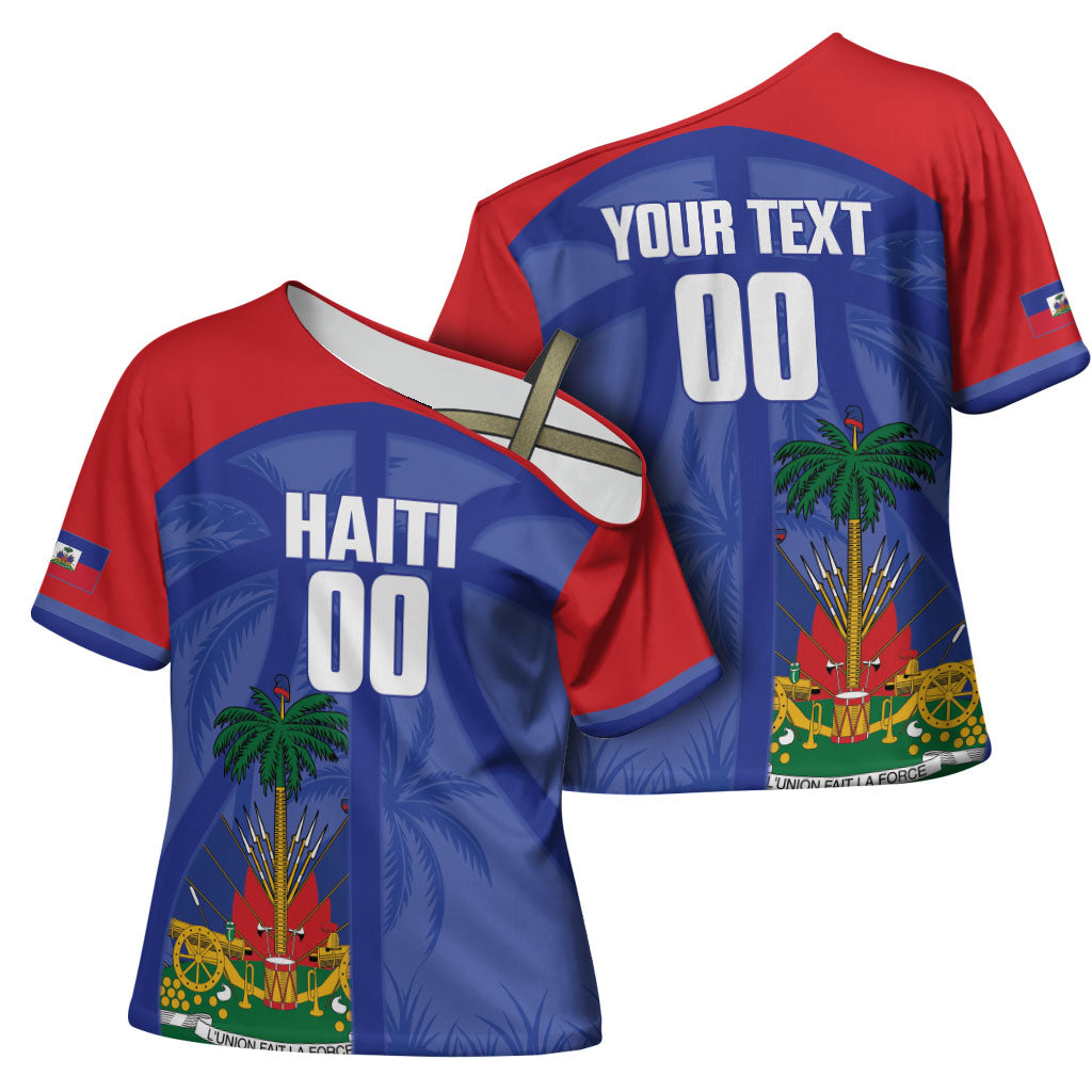 Haiti Basketball Custom Cross Shoulder Shirt Ayiti Coat Of Arms Blue Sporty Style