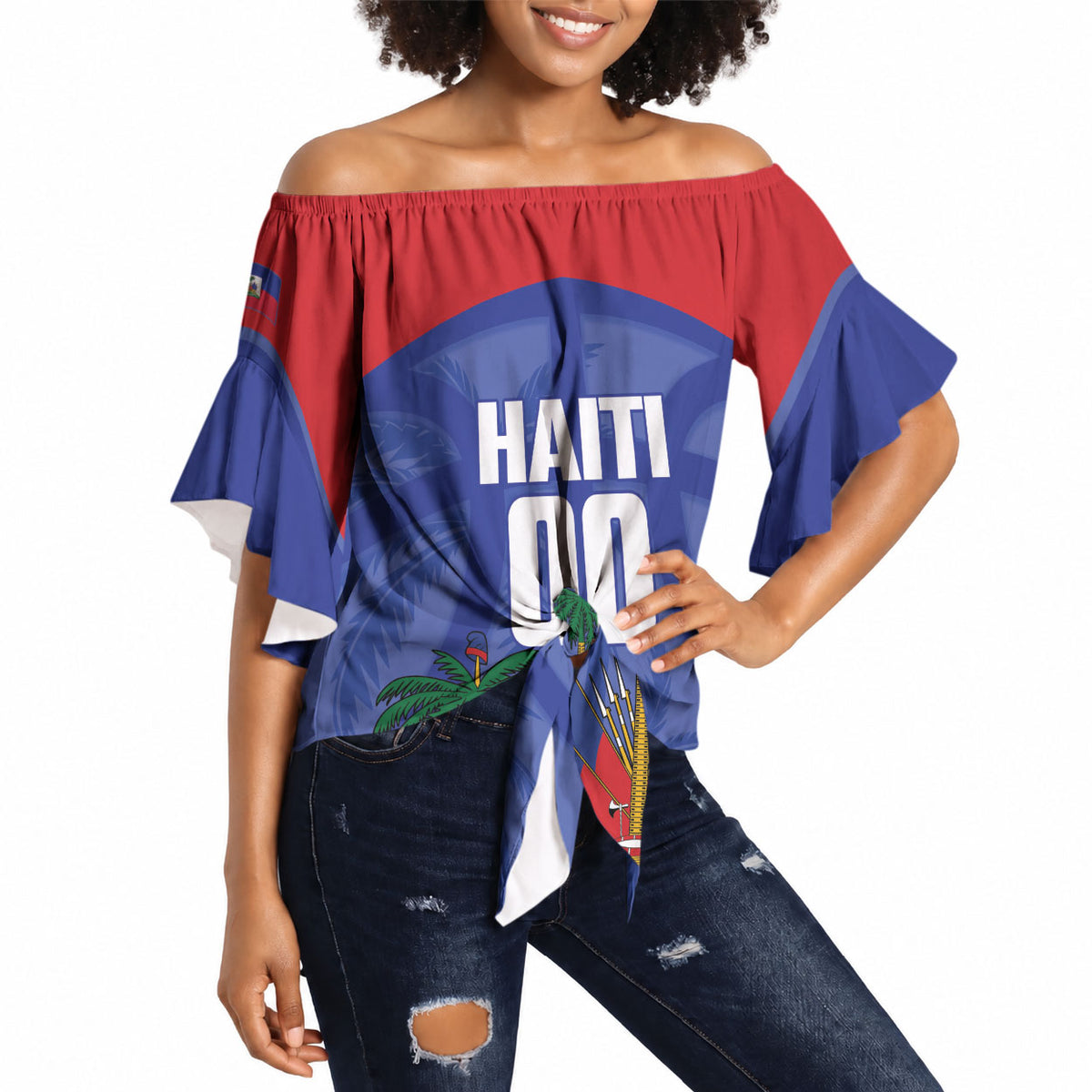 Haiti Basketball Custom Off Shoulder Wrap Waist Top Ayiti Coat Of Arms Blue Sporty Style