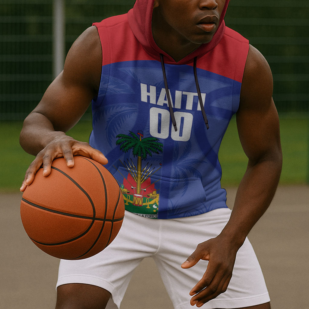 Haiti Basketball Custom Sleeveless Hoodie Ayiti Coat Of Arms Blue Sporty Style
