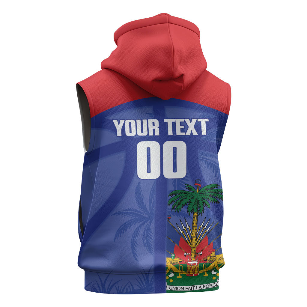 Haiti Basketball Custom Sleeveless Zip Hoodie Ayiti Coat Of Arms Blue Sporty Style