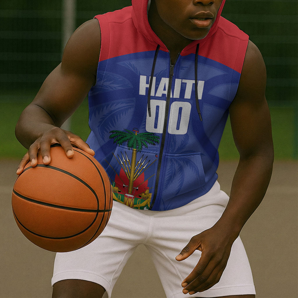 Haiti Basketball Custom Sleeveless Zip Hoodie Ayiti Coat Of Arms Blue Sporty Style