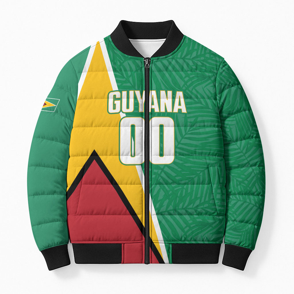 Guyana Basketball Custom Bomber Puffer Jacket Tropical Leaves Flag Style