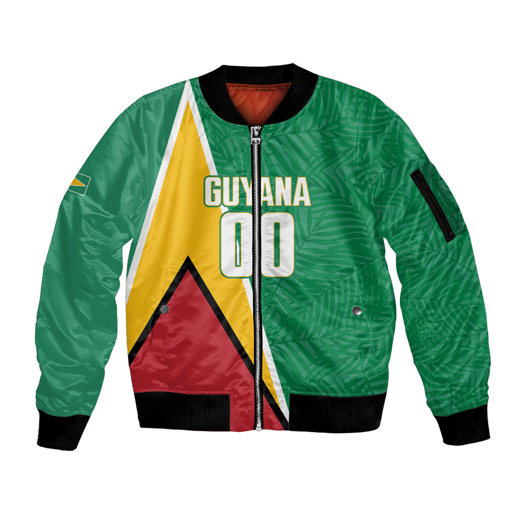 Guyana Basketball Custom Sleeve Zip Bomber Jacket Tropical Leaves Flag Style