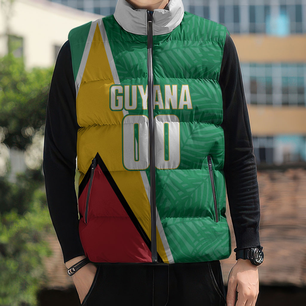Guyana Basketball Custom Sleeveless Puffer Jacket Tropical Leaves Flag Style