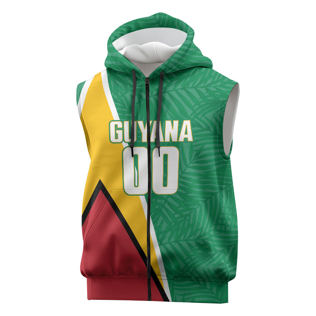 Guyana Basketball Custom Sleeveless Zip Hoodie Tropical Leaves Flag Style