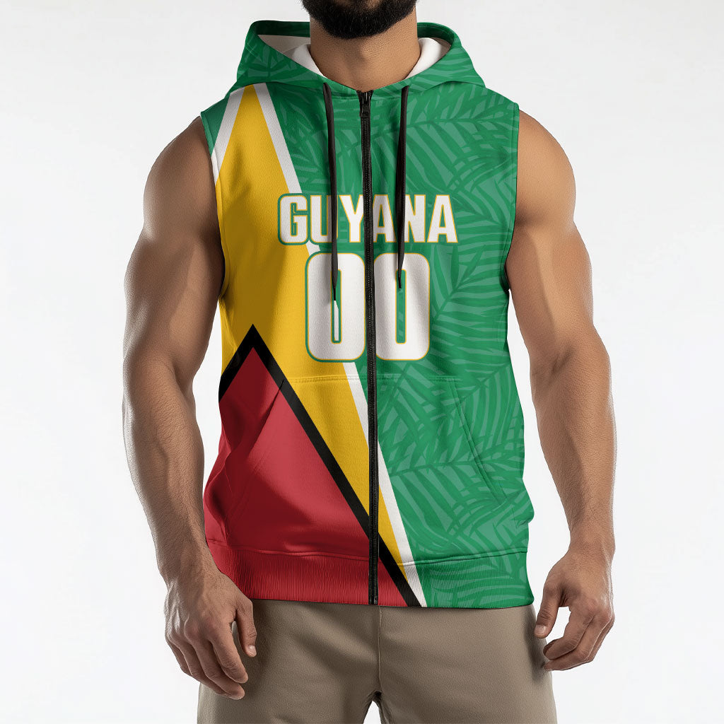 Guyana Basketball Custom Sleeveless Zip Hoodie Tropical Leaves Flag Style