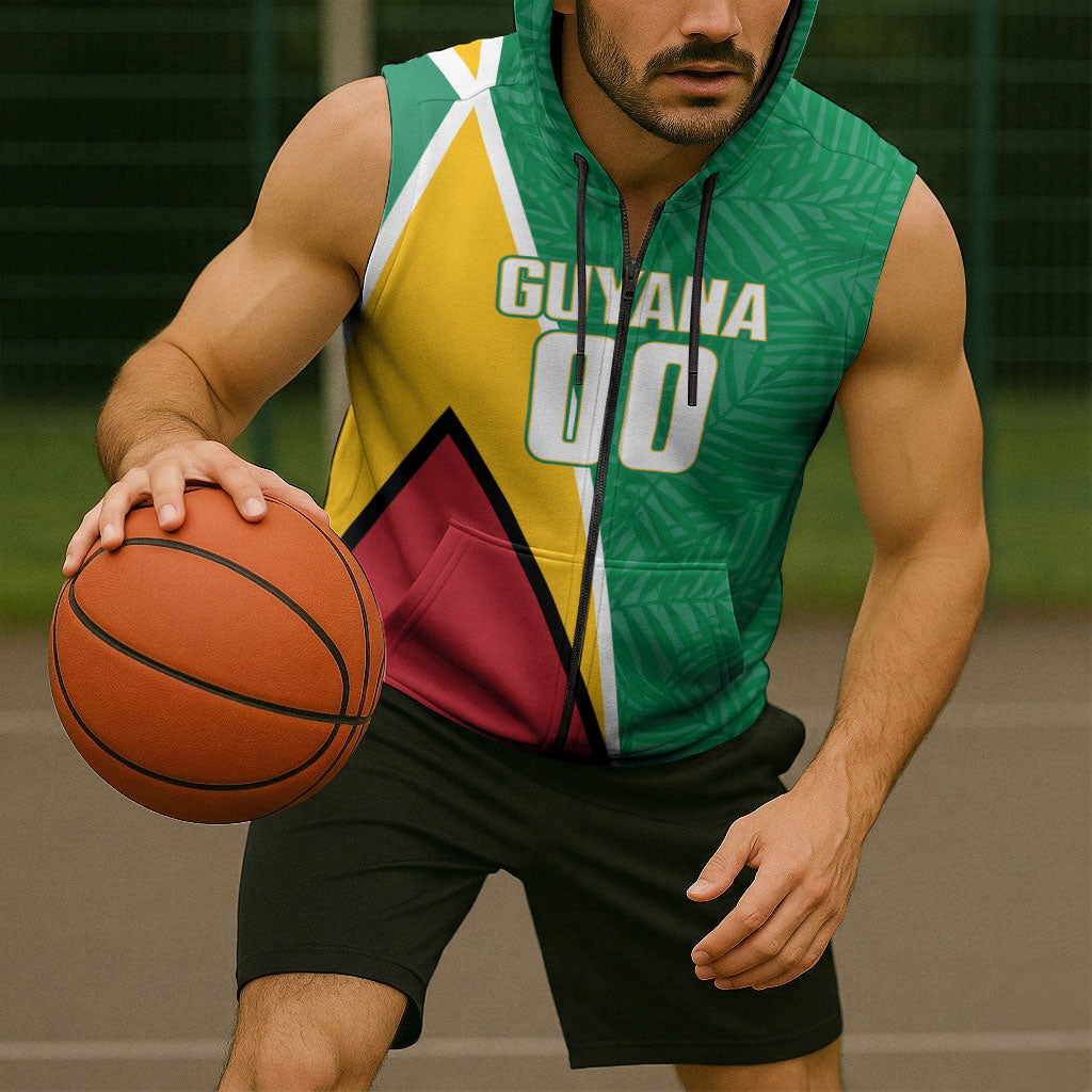Guyana Basketball Custom Sleeveless Zip Hoodie Tropical Leaves Flag Style