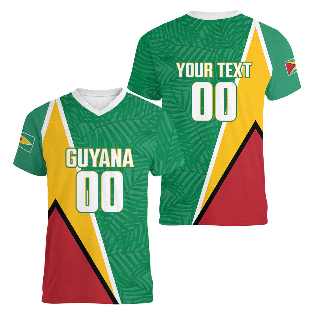 Guyana Basketball Custom Women V-Neck T-Shirt Tropical Leaves Flag Style