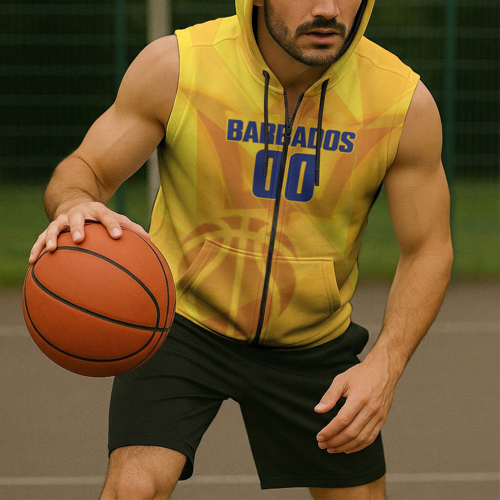 Barbados Basketball Custom Sleeveless Zip Hoodie Barbadian Trident Yellow Version