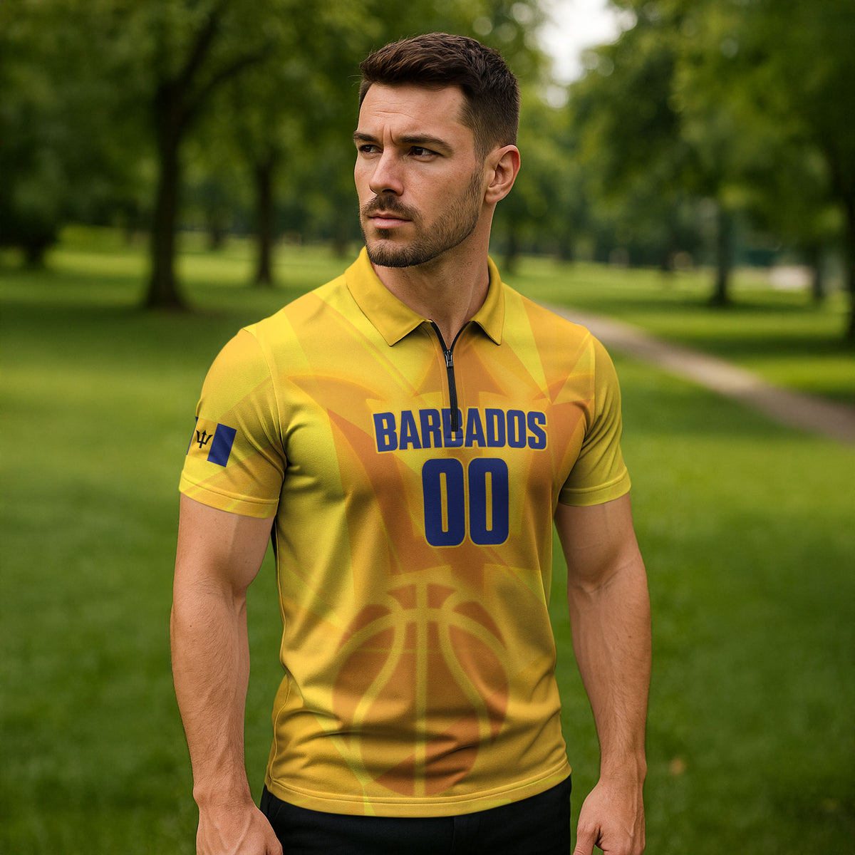 Barbados Basketball Custom Zipper Polo Shirt Barbadian Trident Yellow Version