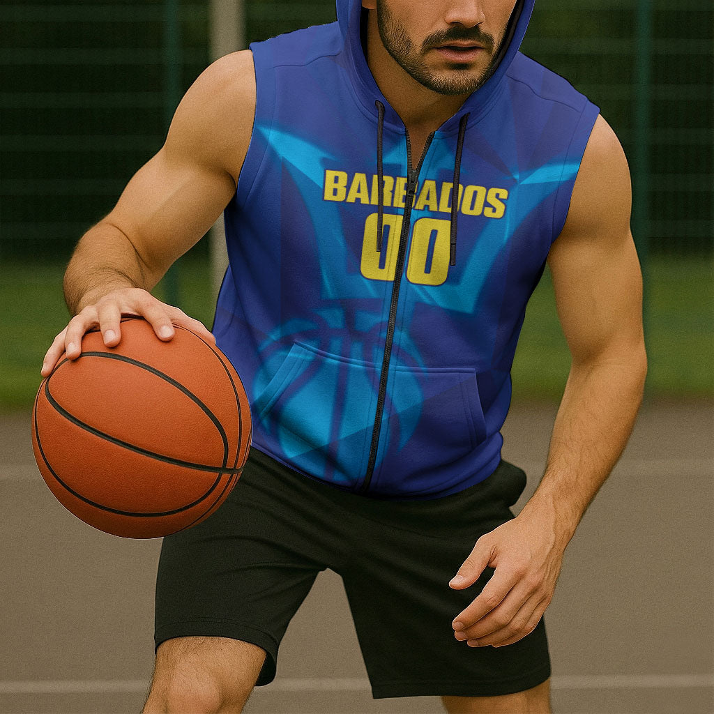 Barbados Basketball Custom Sleeveless Zip Hoodie Barbadian Trident Blue Version