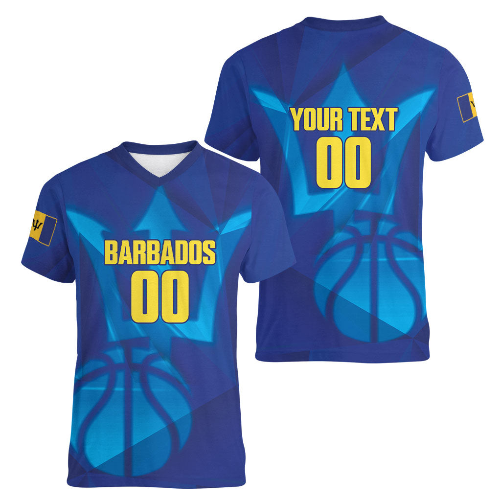 Barbados Basketball Custom Women V-Neck T-Shirt Barbadian Trident Blue Version