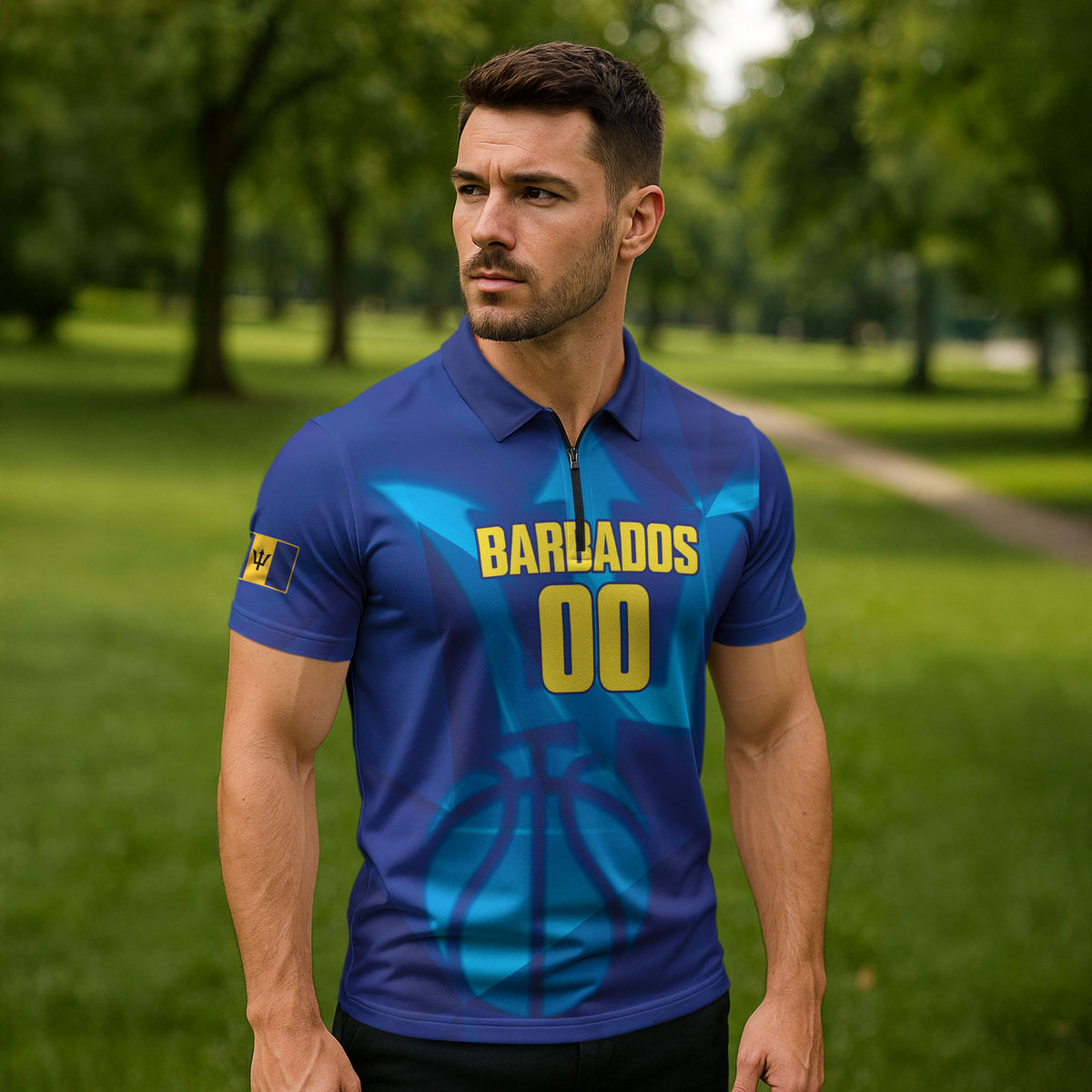 Barbados Basketball Custom Zipper Polo Shirt Barbadian Trident Blue Version