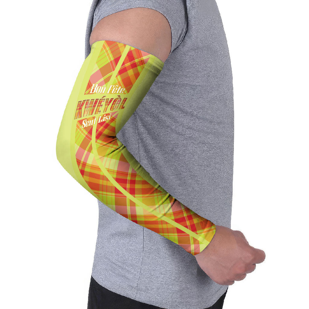 Personalized Bon Fete Kweyol Sent Lisi Arm Sleeves Saint Lucia Creole Day Madras Motifs Yellow