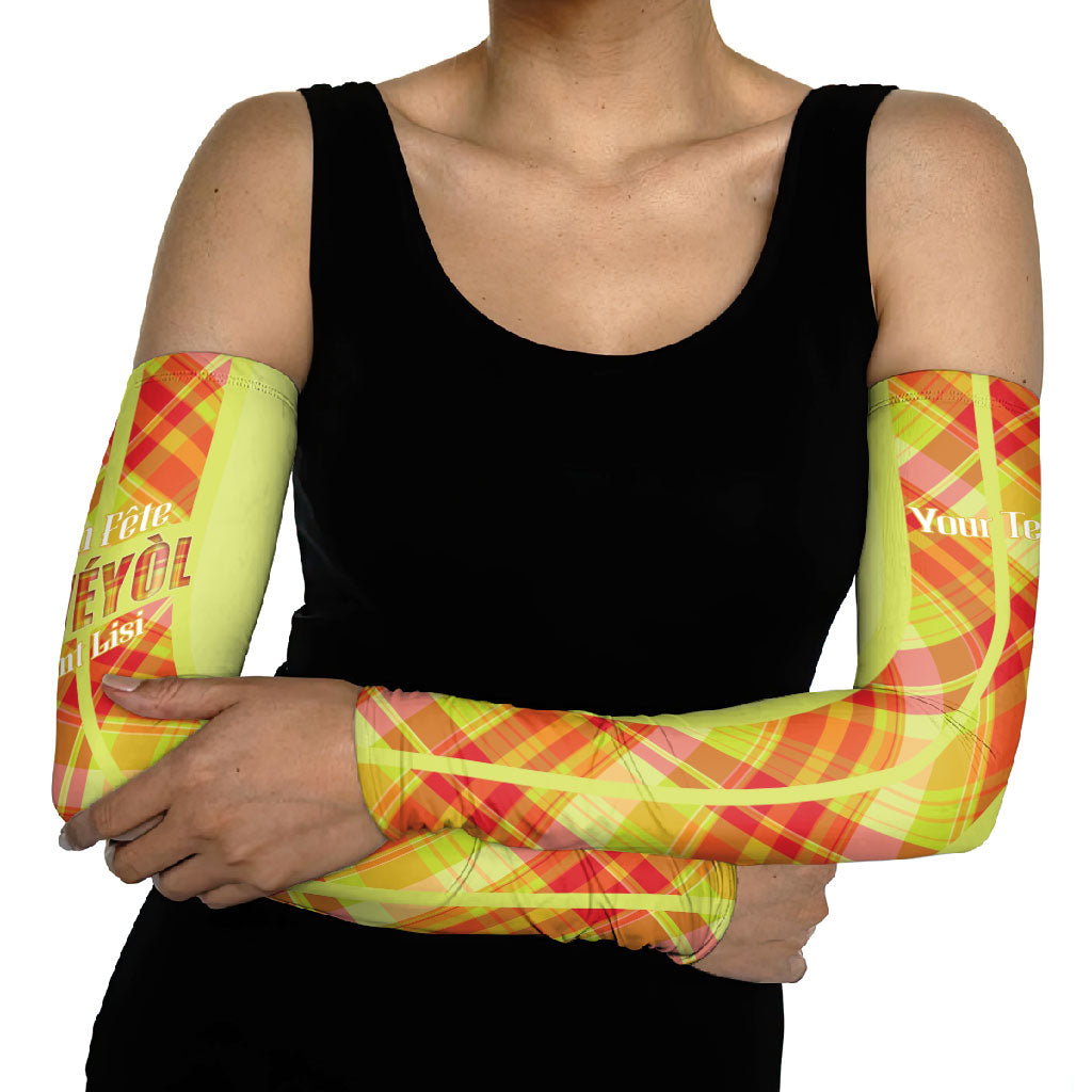 Personalized Bon Fete Kweyol Sent Lisi Arm Sleeves Saint Lucia Creole Day Madras Motifs Yellow