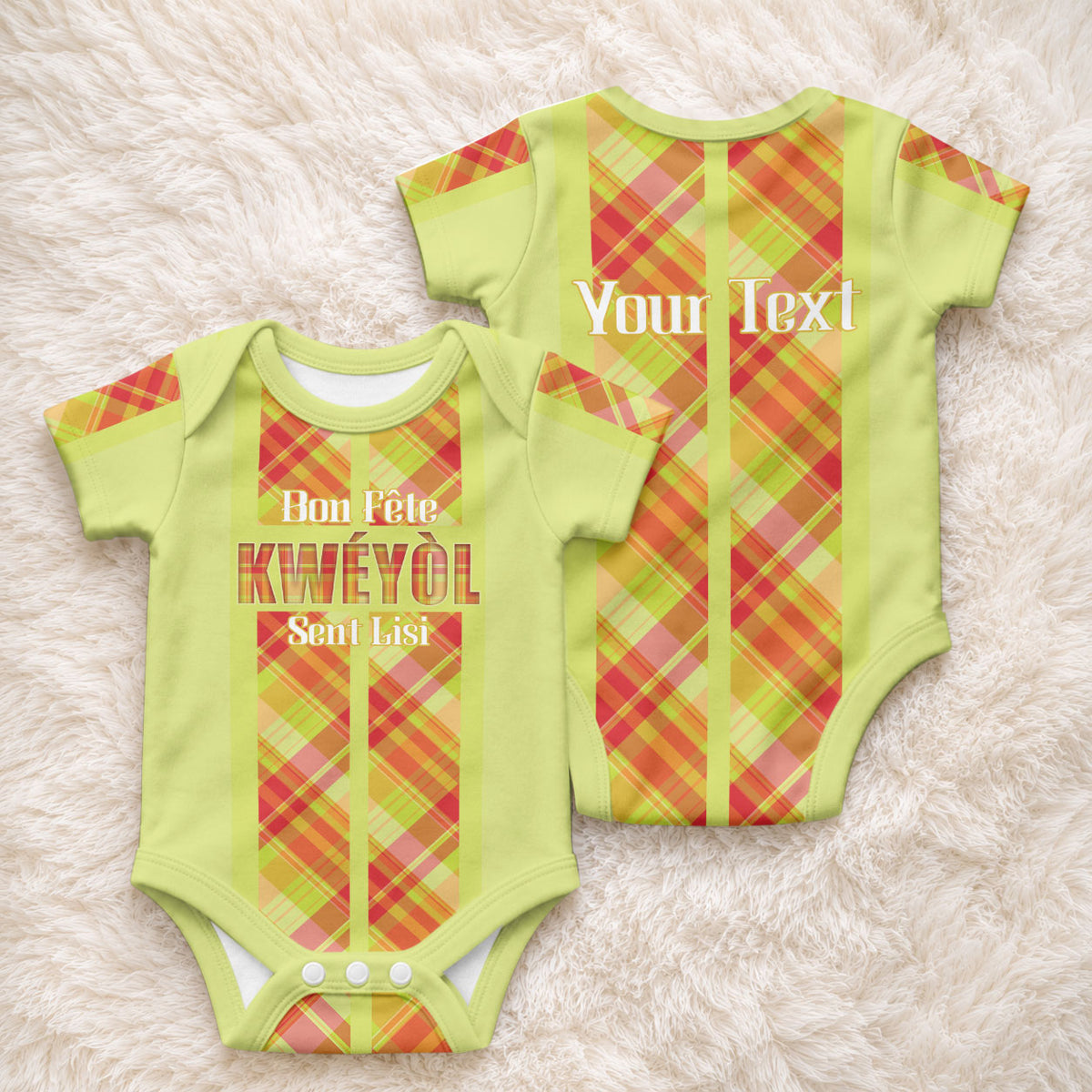Personalized Bon Fete Kweyol Sent Lisi Baby Onesie Saint Lucia Creole Day Madras Motifs Yellow