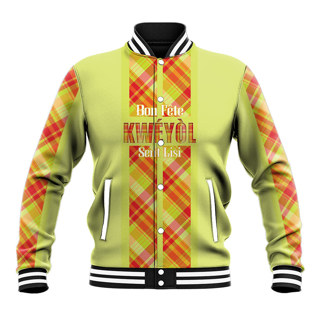 Personalized Bon Fete Kweyol Sent Lisi Baseball Jacket Saint Lucia Creole Day Madras Motifs Yellow