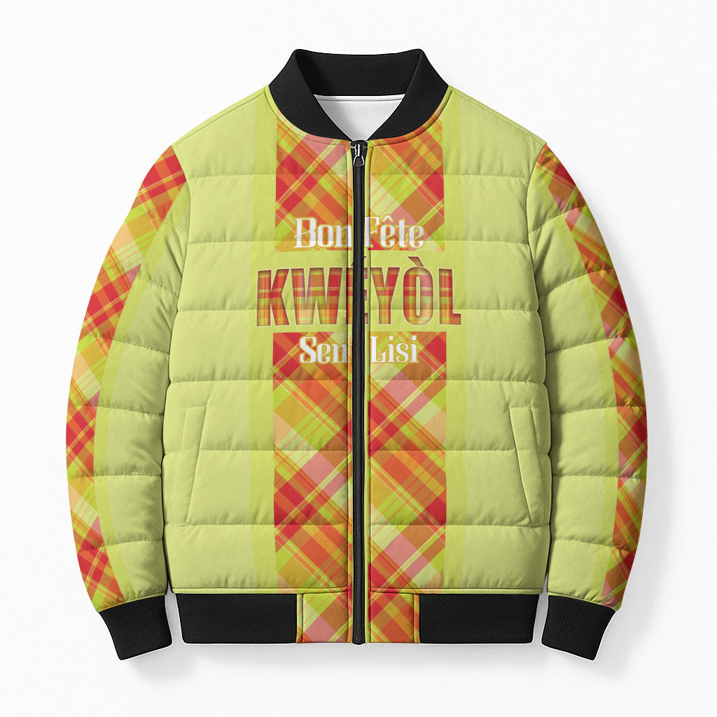 Personalized Bon Fete Kweyol Sent Lisi Bomber Puffer Jacket Saint Lucia Creole Day Madras Motifs Yellow