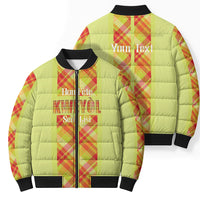 Personalized Bon Fete Kweyol Sent Lisi Bomber Puffer Jacket Saint Lucia Creole Day Madras Motifs Yellow