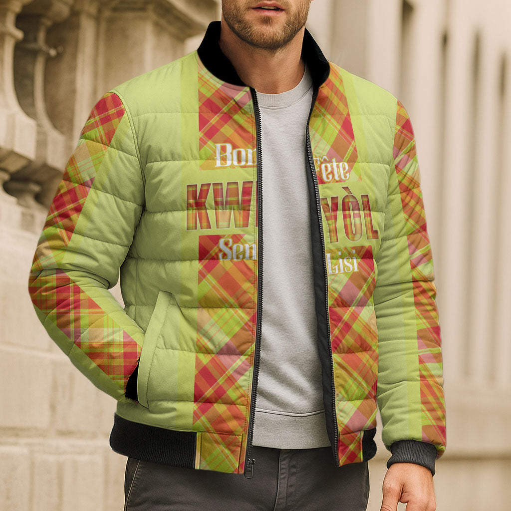 Personalized Bon Fete Kweyol Sent Lisi Bomber Puffer Jacket Saint Lucia Creole Day Madras Motifs Yellow